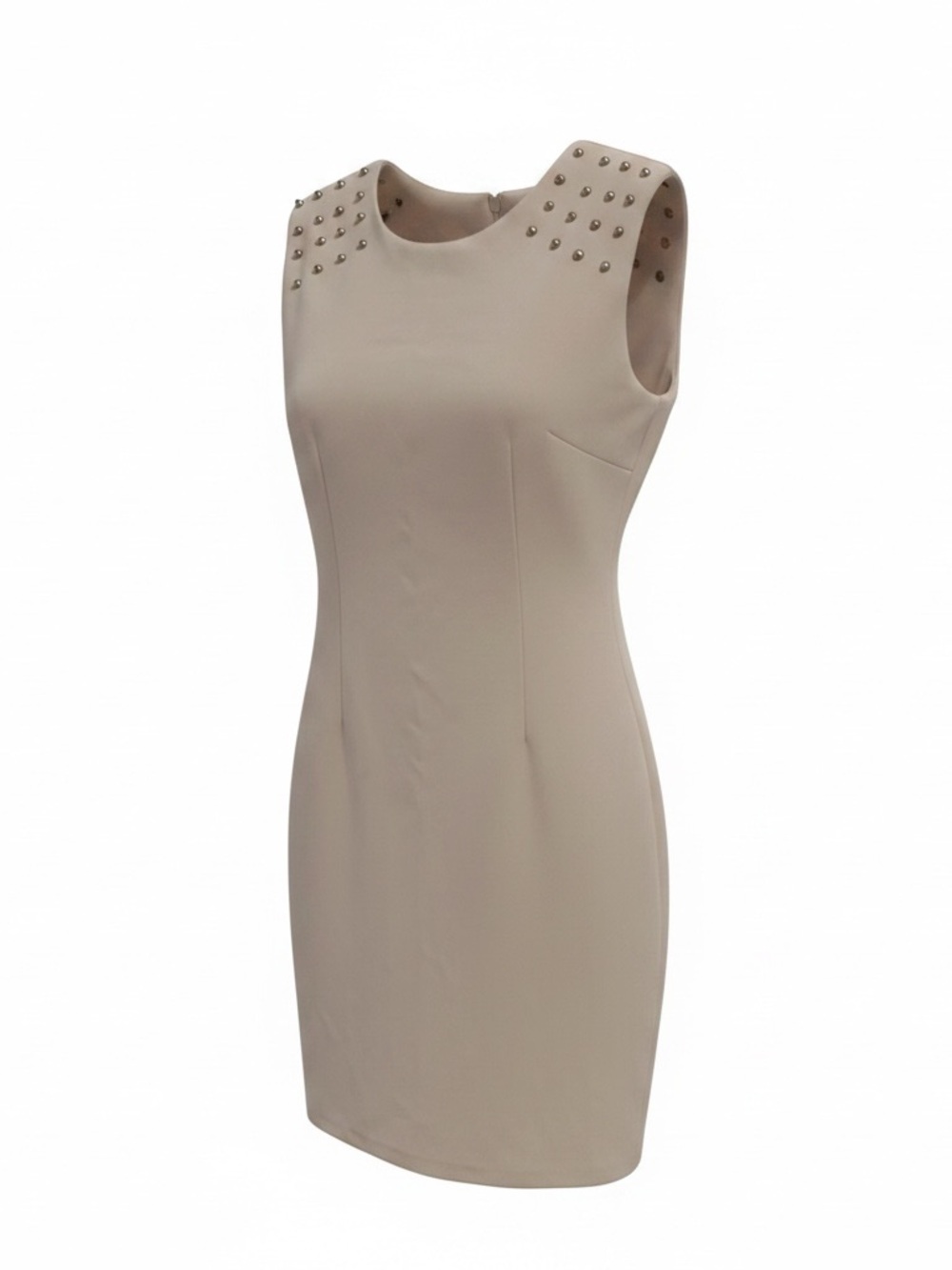 Sleeveless Beige Stud-Shoulder Sheath Dress - Picture 2 of 4
